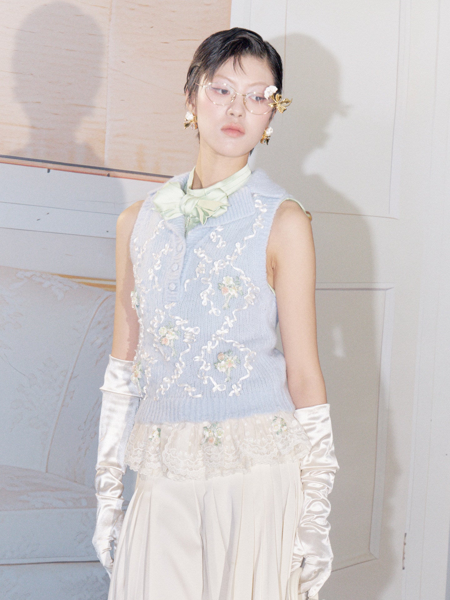 FAME Beaded Plate Floral Knitted Top Lapel Vest - ELOWEN
