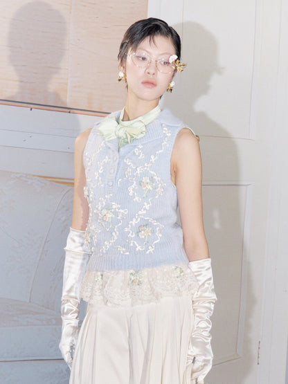 FAME Beaded Plate Floral Knitted Top Lapel Vest - ELOWEN