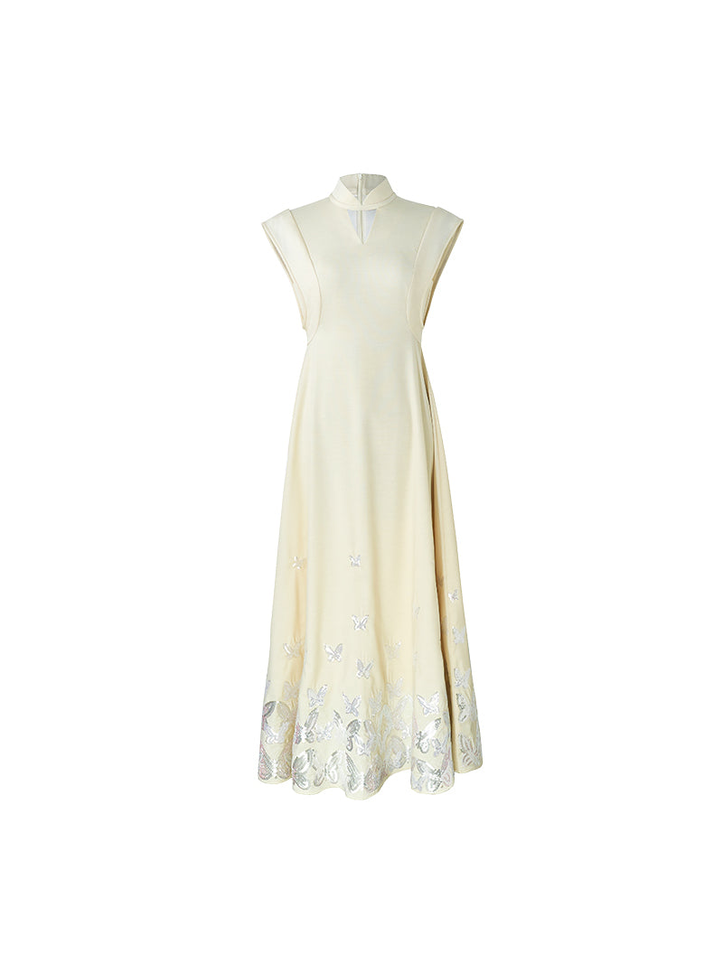 HECO Jacquard Acetate Hollow Stand Collar Thin A-line  Black White Dress Women - WEIGHT.