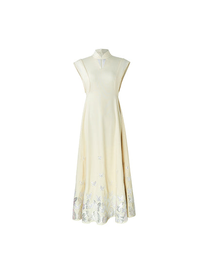 HECO Jacquard Acetate Hollow Stand Collar Thin A-line  Black White Dress Women - WEIGHT.