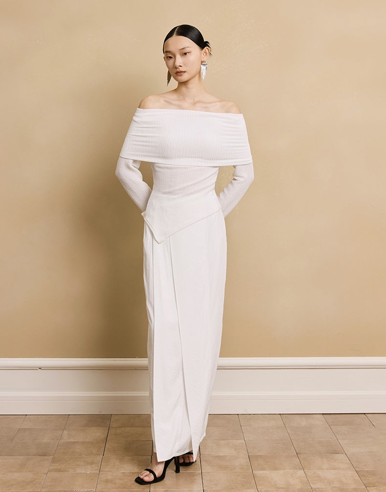 HECO stretch pleated off-the-shoulder long sleeve T-shirt - GRAD.