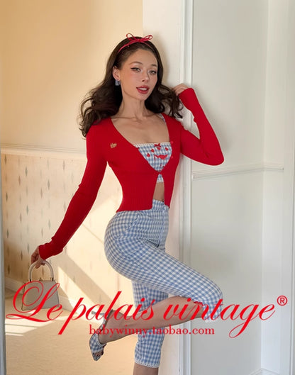 Le Palais Vintage  blue plaid kitten print short suspender pleated skirt-FASH.