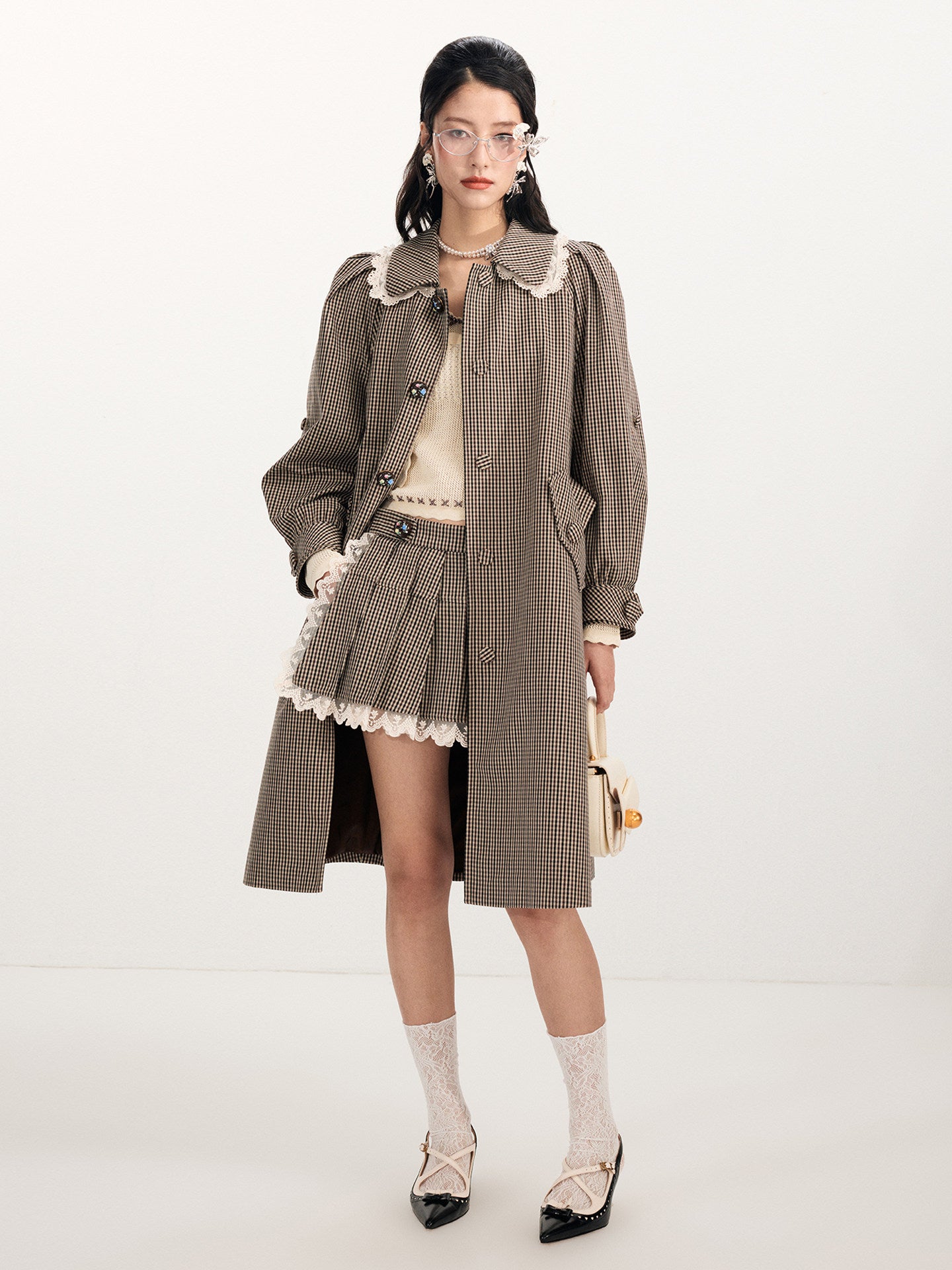 FAME Embroidered Collar Vintage Plaid Long Trench Coat - SANDRA.