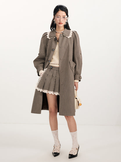 FAME Embroidered Collar Vintage Plaid Long Trench Coat - SANDRA.