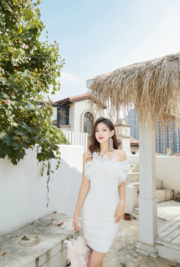 DOLLY Elegant White French Style Ruffled Off Shoulder Short Birthday Dress-AMA