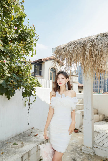 DOLLY Elegant White French Style Ruffled Off Shoulder Short Birthday Dress-AMA