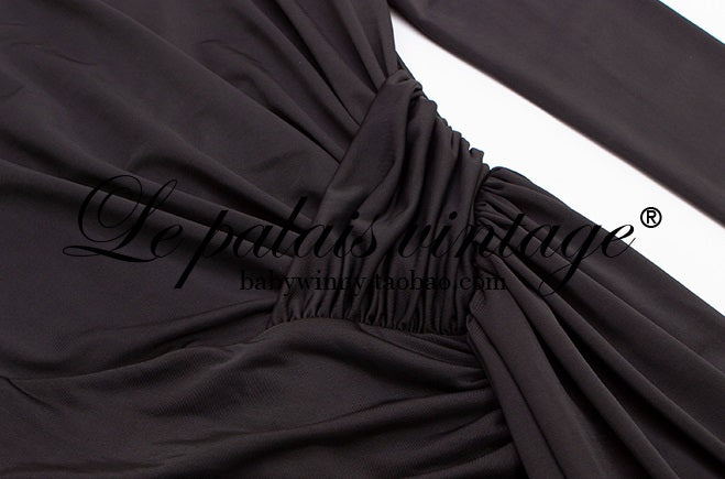 le palais  elegant black asymmetrical pleated high slit slim long dress-PEBBLE