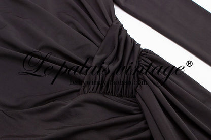 le palais  elegant black asymmetrical pleated high slit slim long dress-PEBBLE