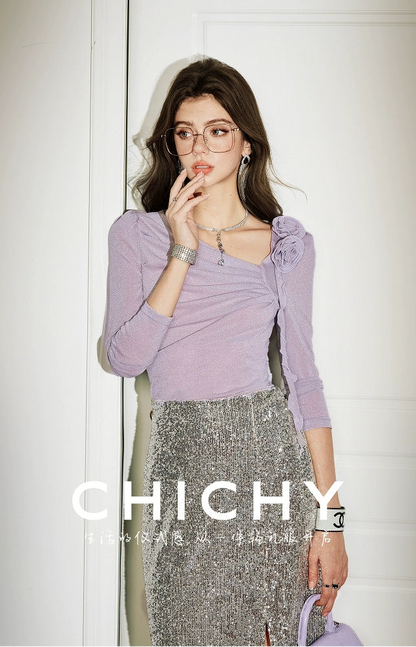 CHICHY gentle chic purple asymmetrical long-sleeved top-LISA