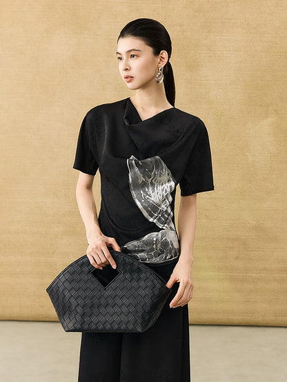 HECO Chinese Art Butterfly Print Swing Neck T-Shirt Waist Slim Top - CONJOR .