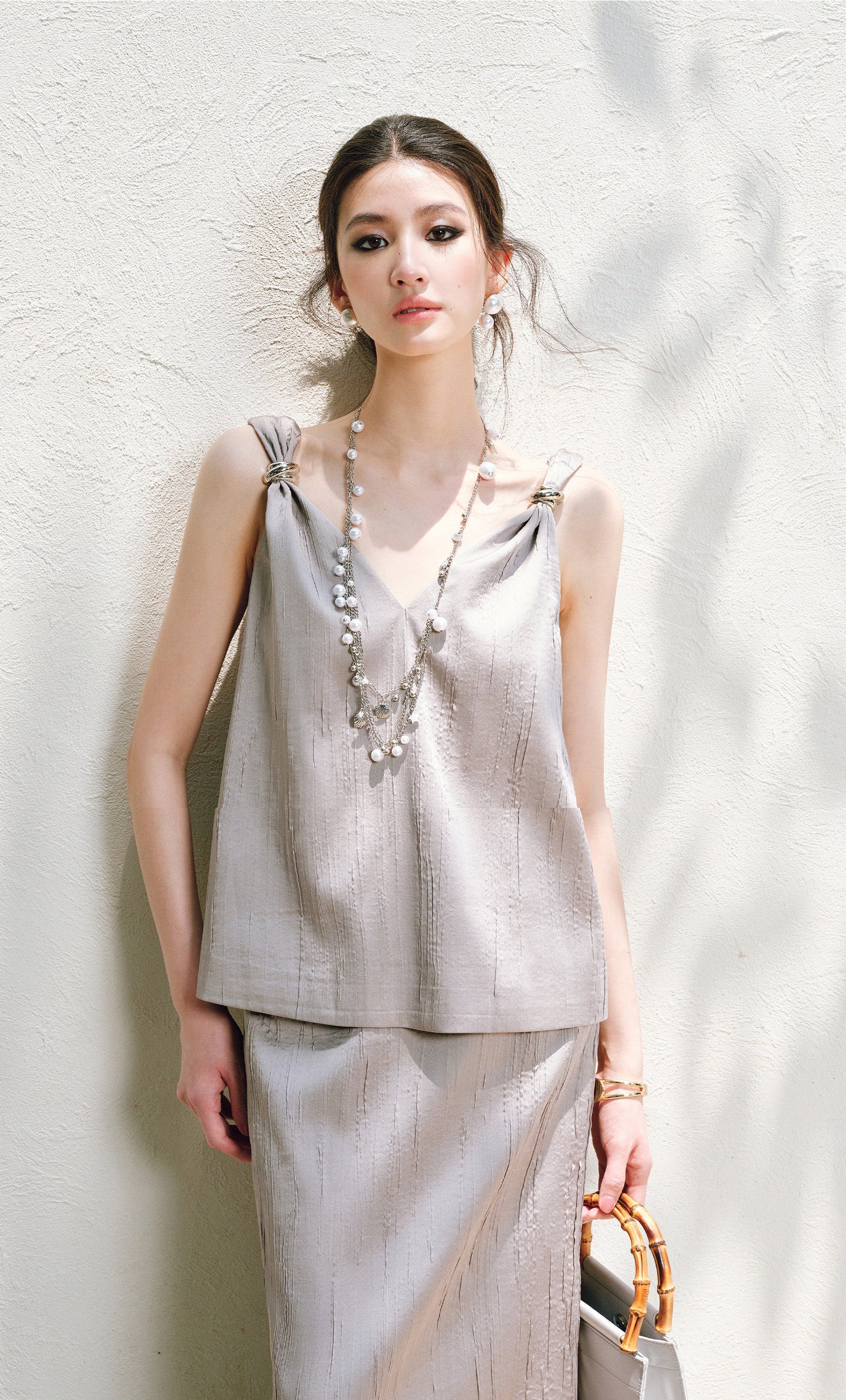 WANGXO | Lazy Precious Metal Shoulder Loop Loose Top & Straight Skirt Set with Sculpted Grace- VERA