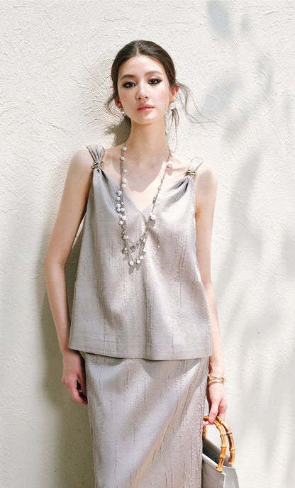 WANGXO | Lazy Precious Metal Shoulder Loop Loose Top & Straight Skirt Set with Sculpted Grace- VERA