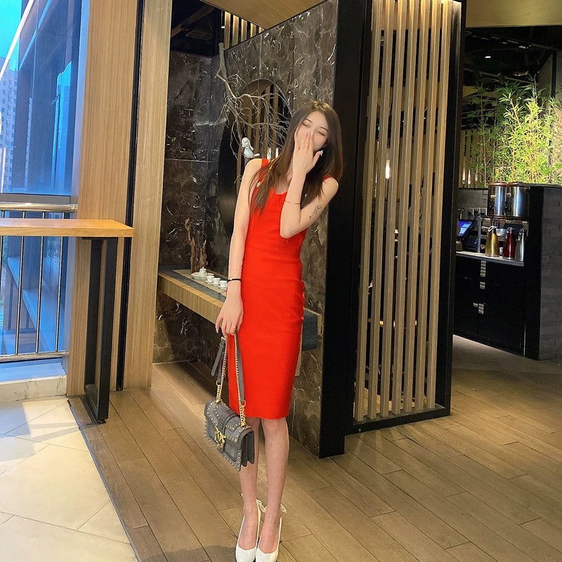 DOLLY Elegant V-Neck Sleeveless Tube Top Body Hug Midi Party Dress-KASIE