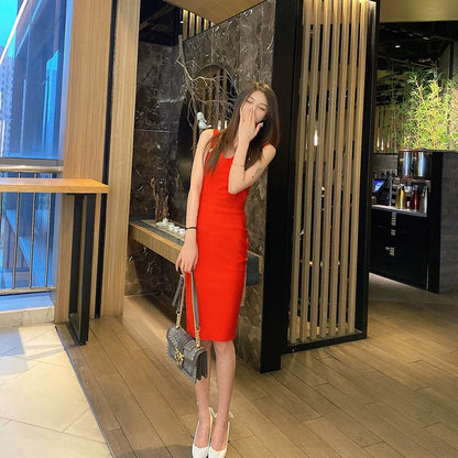 DOLLY Elegant V-Neck Sleeveless Tube Top Body Hug Midi Party Dress-KASIE