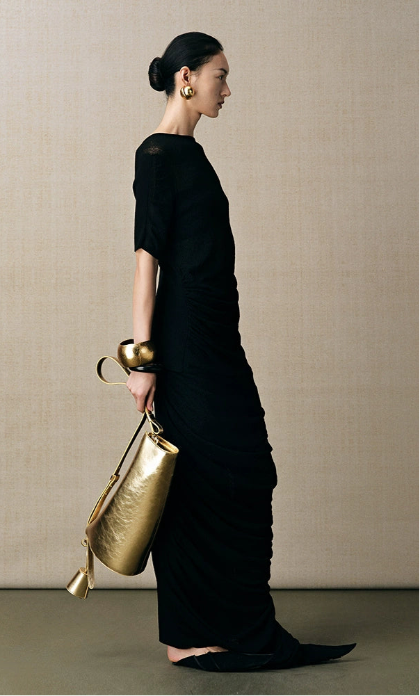 ZHUCHONGYUN black one-line collar irregular pleated waist knit top-TAMAKI.