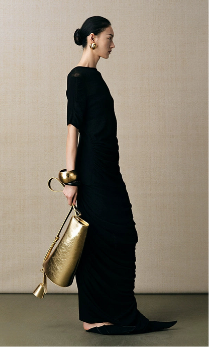 ZHUCHONGYUN black one-line collar irregular pleated waist knit top-TAMAKI.