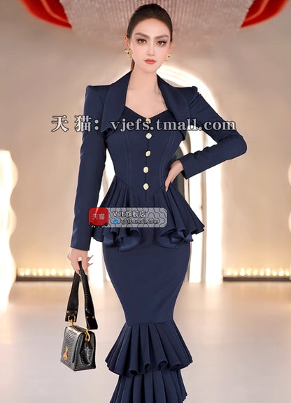 VJE Two Ruffled Mermaid Skirt Waist Slimming Mid Dress - OZO.
