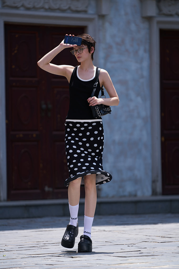ANNAKIKI women's clothing black shaped polka dot skirt knitted hip skirt-SUZY
