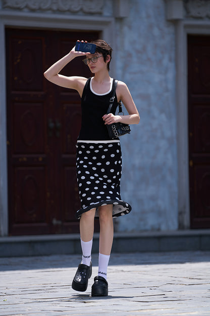 ANNAKIKI women's clothing black shaped polka dot skirt knitted hip skirt-SUZY