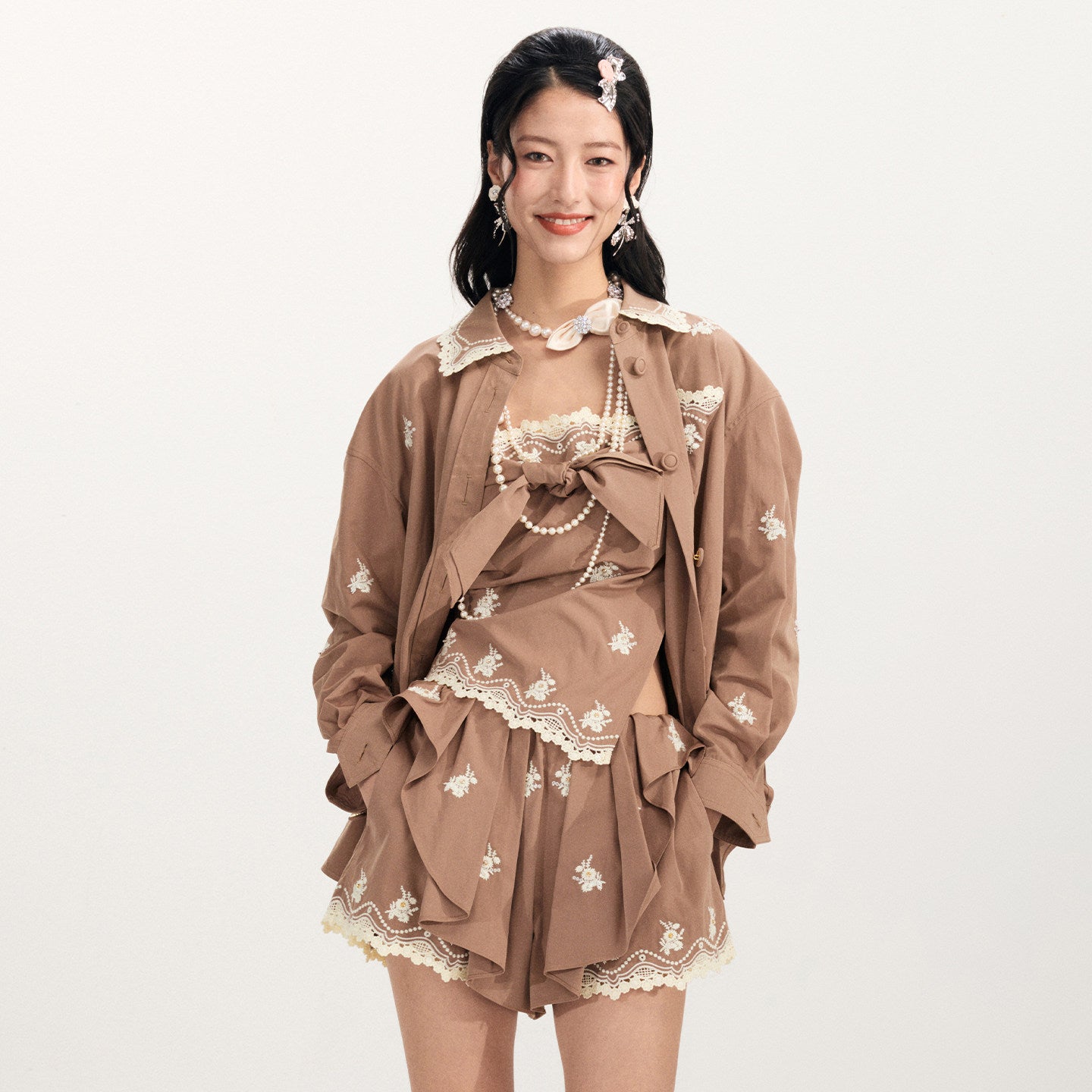FAME Flower Embroidered Long Sleeve Shirt Top  - DOMNIC