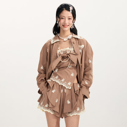 FAME Flower Embroidered Long Sleeve Shirt Top  - DOMNIC