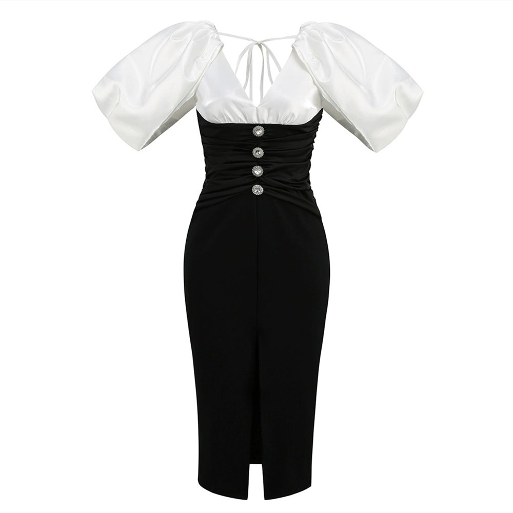 DOLLY Elegant Black and White Deep V-Neck Short Puff Sleeves Slim Fit Office Dress-ZOEY