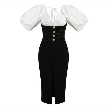 DOLLY Elegant Black and White Deep V-Neck Short Puff Sleeves Slim Fit Office Dress-ZOEY