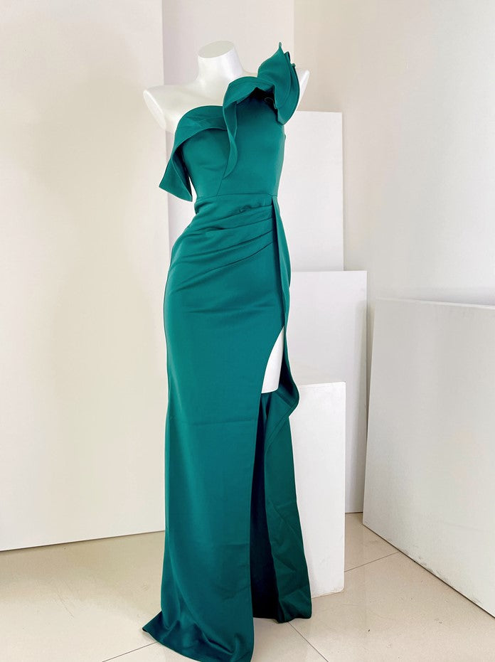 DOLLY Elegant Ruffled Off Shoulder Slim Fit Pleated Fish Tail Dinner Dress-EDITH