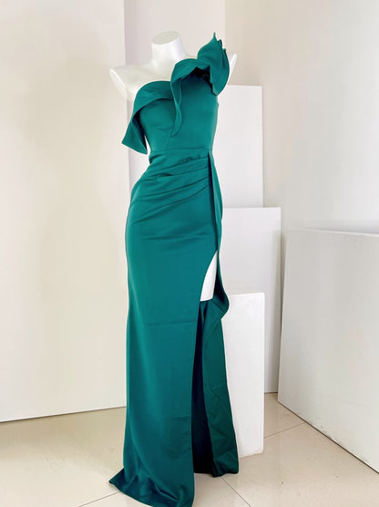 DOLLY Elegant Ruffled Off Shoulder Slim Fit Pleated Fish Tail Dinner Dress-EDITH