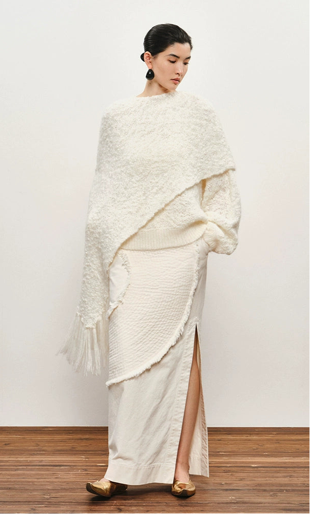 ZHUCHONGYUN crew neck edelweiss fringed knit cover-up shawl jacket-BROCADE.