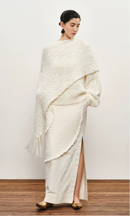 ZHUCHONGYUN crew neck edelweiss fringed knit cover-up shawl jacket-BROCADE.