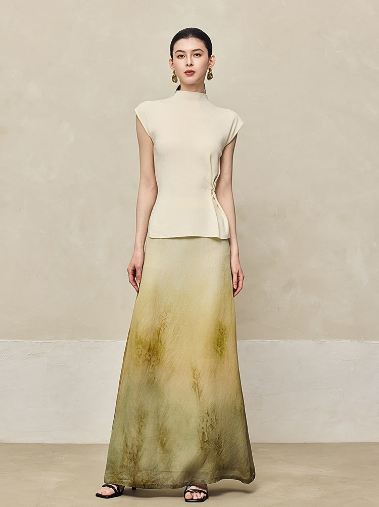 HECO Blended Chiffon Drape A-line High waist Yellow Green Thin Skirt Women - DEPTH.