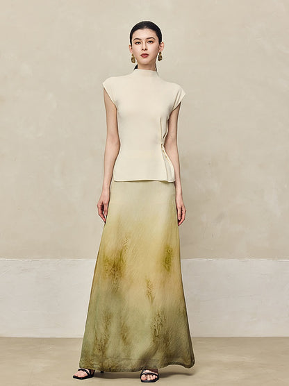 HECO Blended Chiffon Drape A-line High waist Yellow Green Thin Skirt Women - DEPTH.