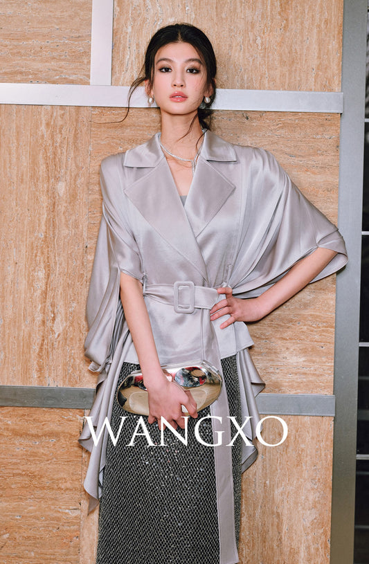 WANGXO | Acetate Double-Faced Satin Pleated Dolman Sleeve Belted Short Trench Coat-LARA.