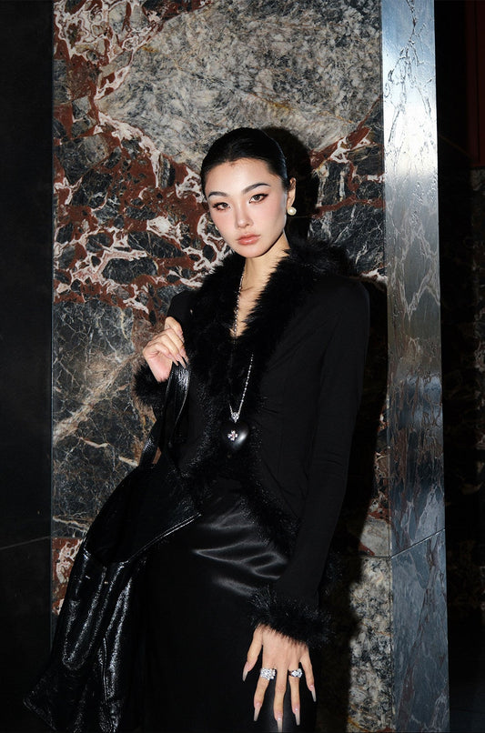 MEI SANGUAN Black slim V-neck fur jacket - BRIXABY
