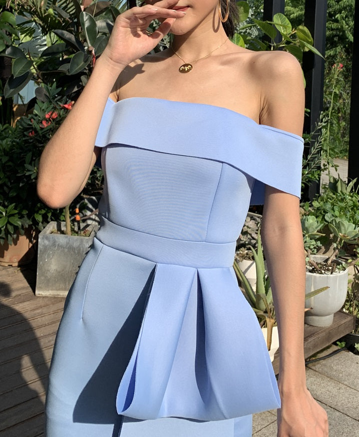 DOLLY Elegant Blue Sleeveless Off Shoulder Chest Wrap Midi Dinner Dress-DARA