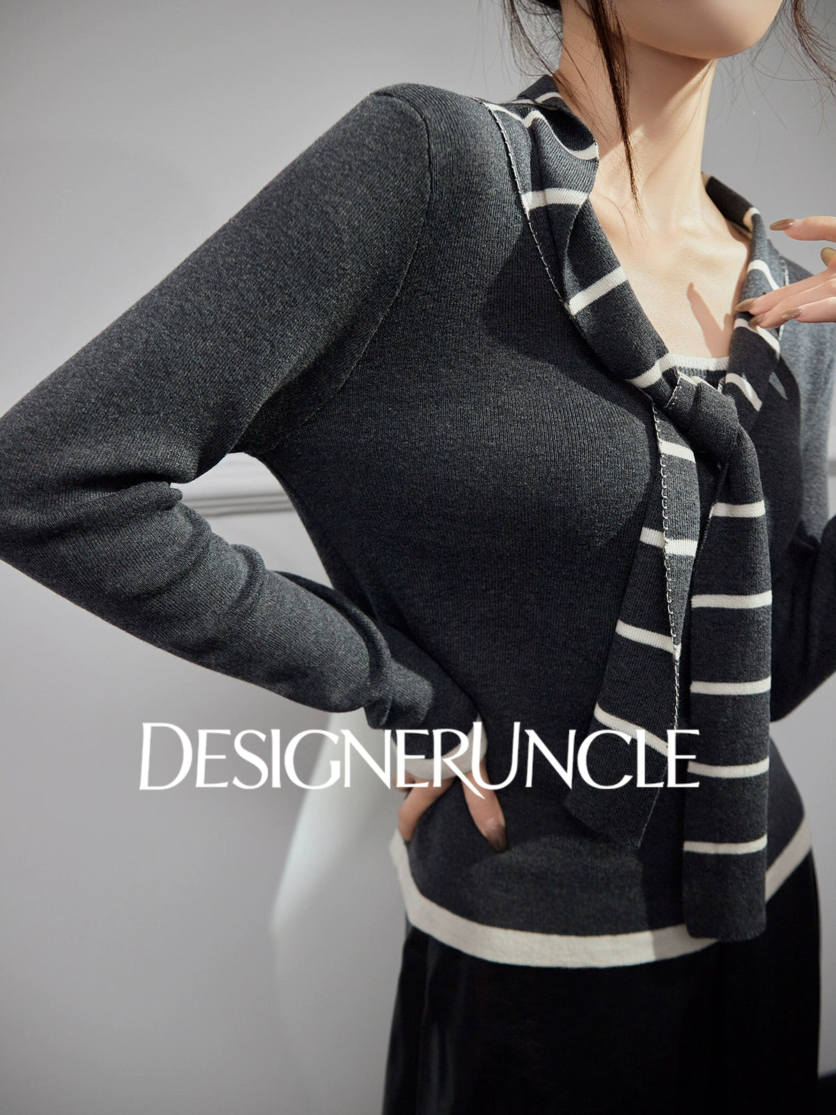 DGU| Dark Gray Striped Bow Tie Niche Design Retro Gentle Commuter Top - Antonio.