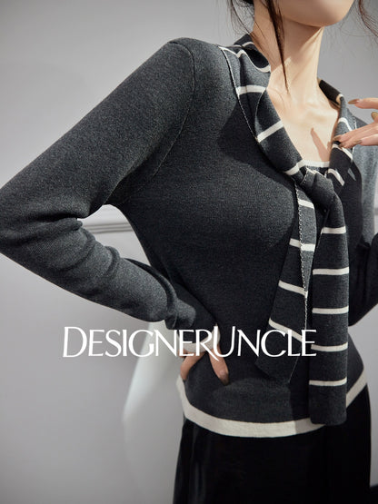 DGU| Dark Gray Striped Bow Tie Niche Design Retro Gentle Commuter Top - Antonio.