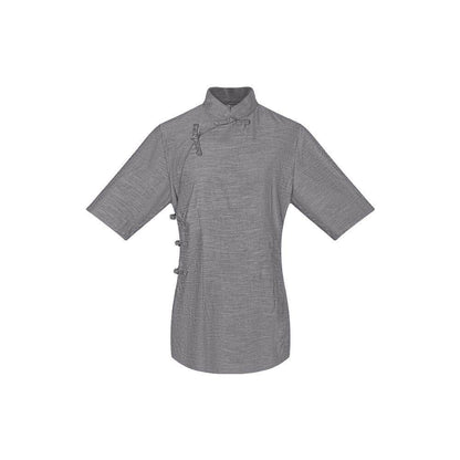 TUYUE Chinese Gray Slim Handmade Buckle Short Sleeve Top - HICKS.