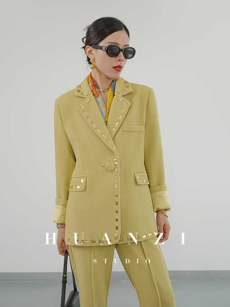 Huanzi autumn mustard yellow winter micro-wide suit jacket trousers suit - Kai
