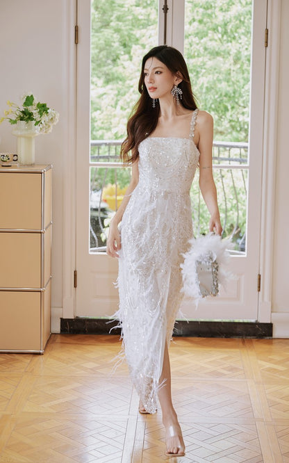 DOLLY Luxury White French Style Sleeveless Sequin Embroidered Long Slit Party Dress-Dalia