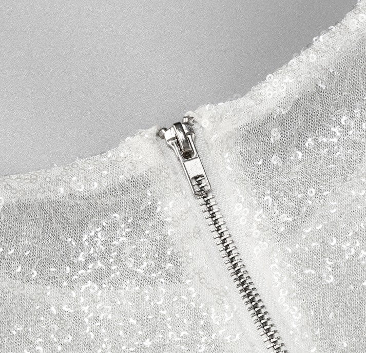 DOLLY Elegant White Crew Neck Long Sleeve Short Sequin Sexy Birthday Dress-LAYLA