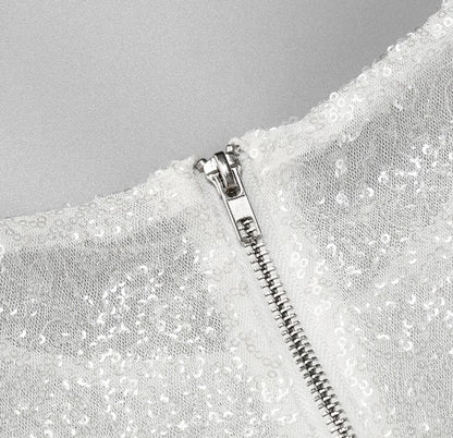 DOLLY Elegant White Crew Neck Long Sleeve Short Sequin Sexy Birthday Dress-LAYLA