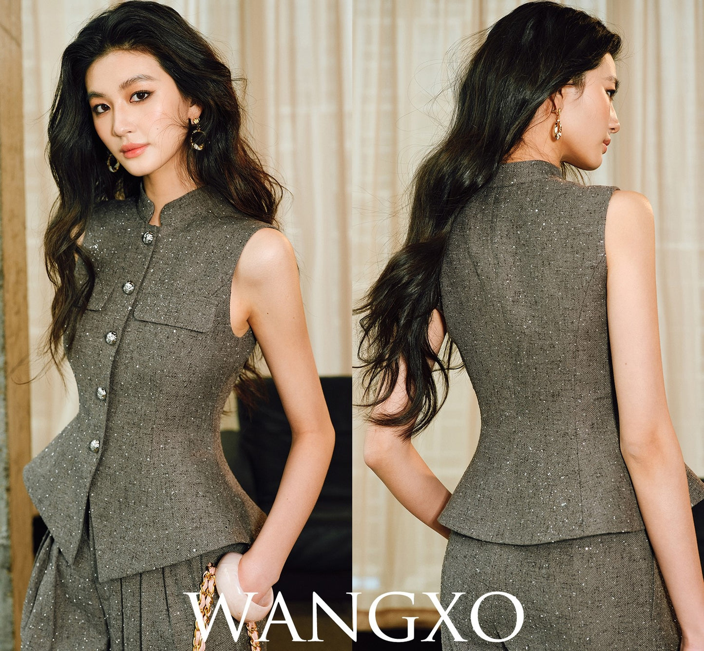 WANGXO | Silver Classic Tweed Vest & Straight-Leg Pants Suit - LYRA.