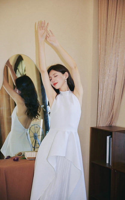 DOLLY High End White/Black Sleeveless Ruffled Halter Neck Top+ Pleated Skirt-SOLANGE