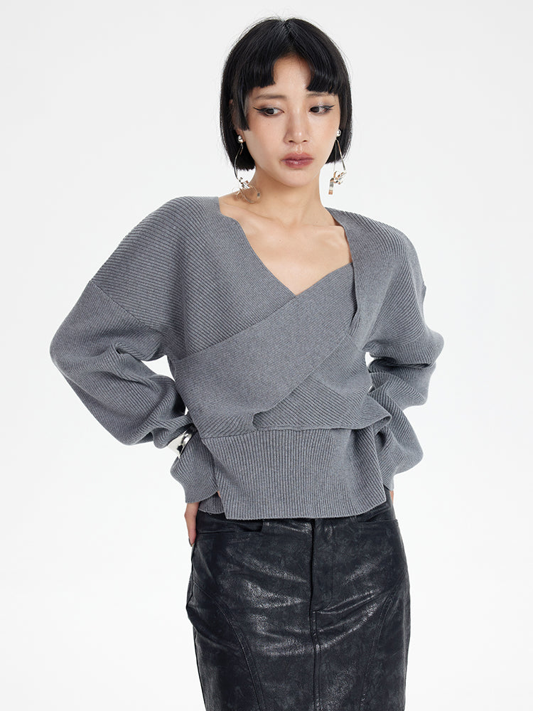 TINY IN cross-twisted gray wool knit women's shoulder sweater-QUE
