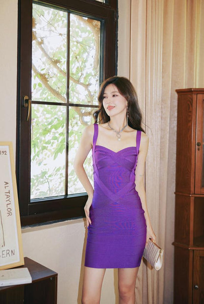 DOLLY Elegant V-Neck Sleeveless High Waist Knitted Midi Suspender Dress-PUNA