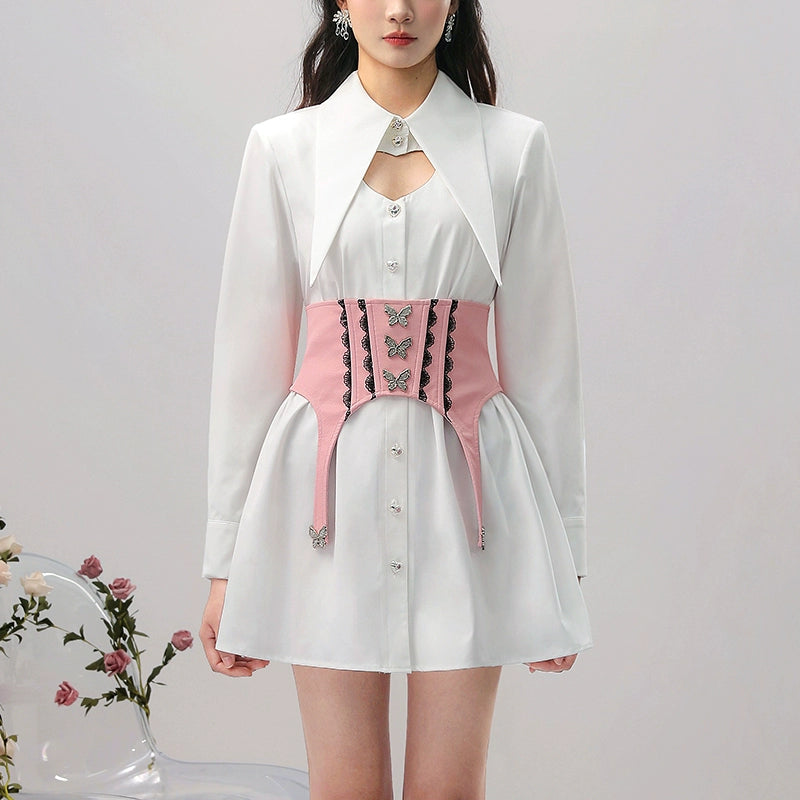 CHECOCRE Chic Temperament Sexy Cutout Butterfly Waist Seal White Shirt Dress - INTENT