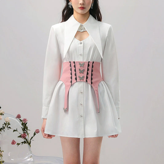 CHECOCRE Chic Temperament Sexy Cutout Butterfly Waist Seal White Shirt Dress - INTENT