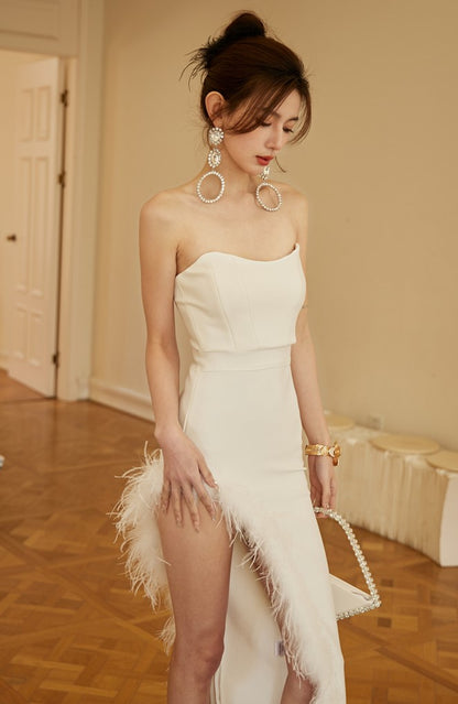 DOLLY Elegant Sleeveless Off Shoulder Tube Top High Slit Feather Dress-NIKKI